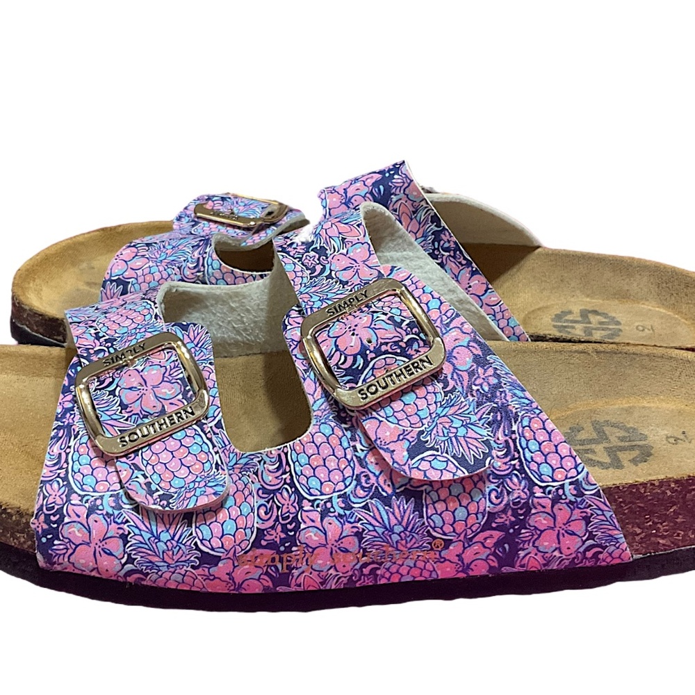 Simply Southern Floral Buckle Slip on Flip Flop Sandals Size 9 Pink/Blue - Picture 10 of 14